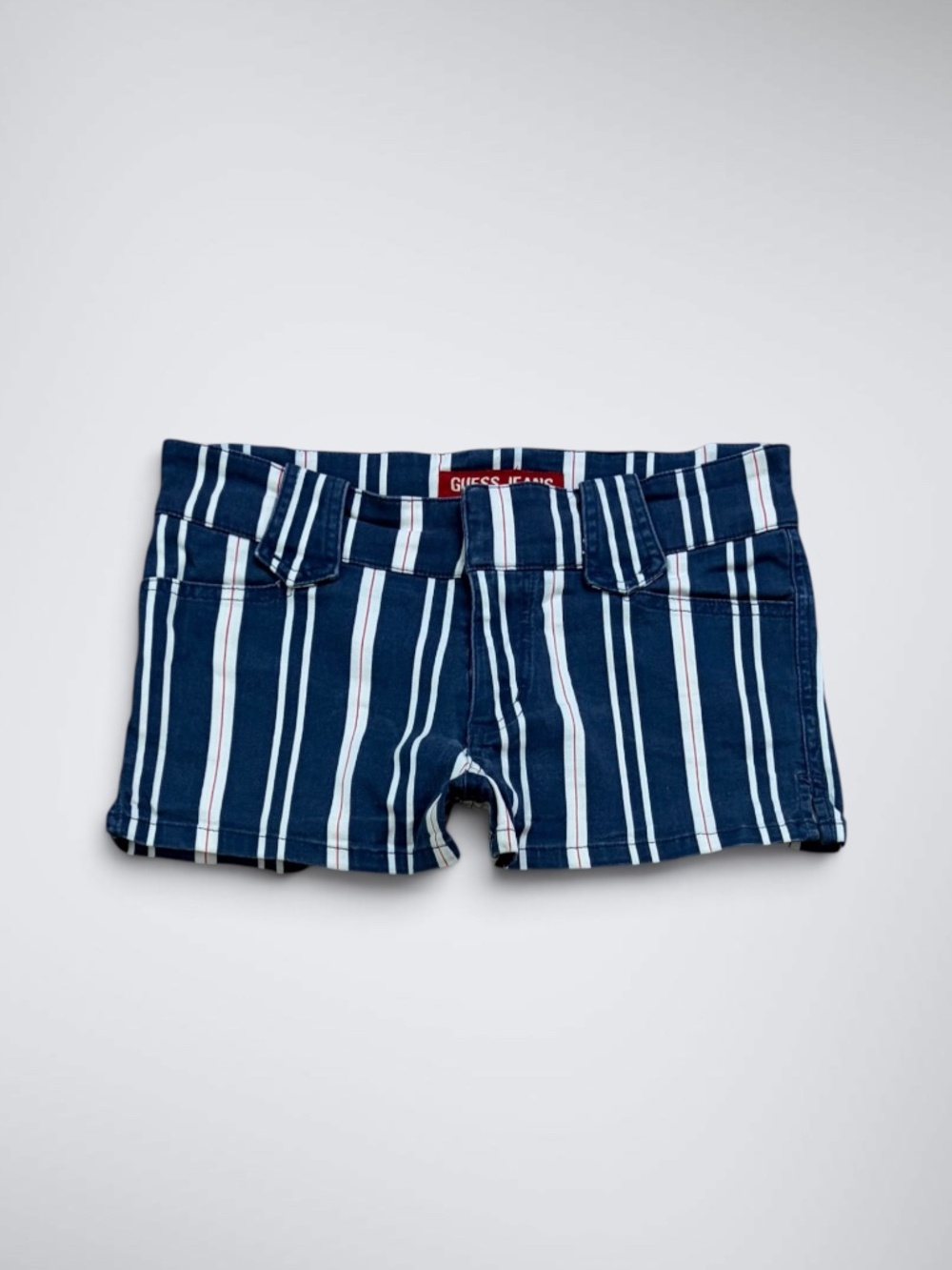 Early 2000s Guess Jeans Low Rise Navy Blue White Red Striped Micro Mini Shorts |